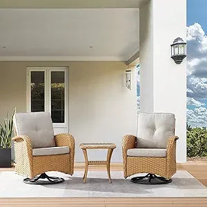 Outdoor Swivel Chairs,3 Pieces Patio Furniture Set with 360 Degree Wicker Swivel Rocking Chairs and Side Table for Garden,Porch