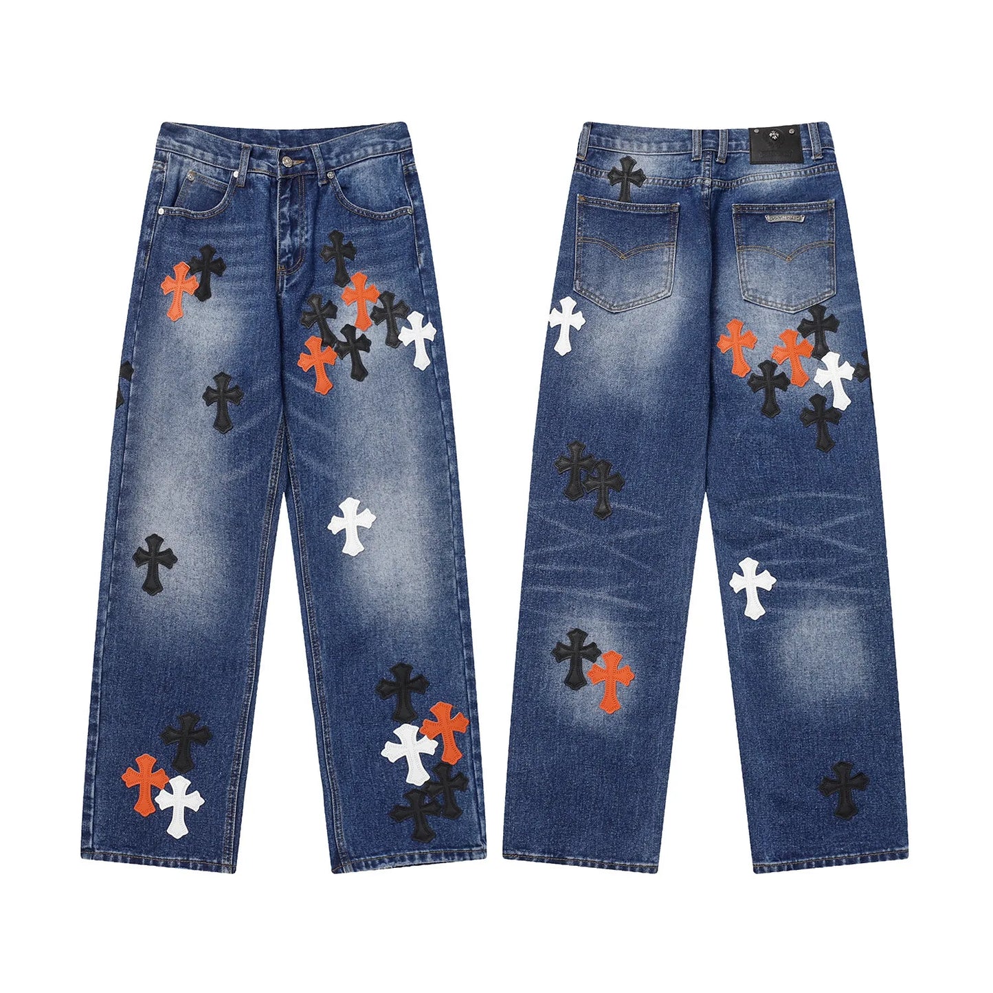 Classic Luxury Brand Men Women Leather Jeans Totem Patch Casual Pants Fashion Metal Embellished Couple Wear 2025