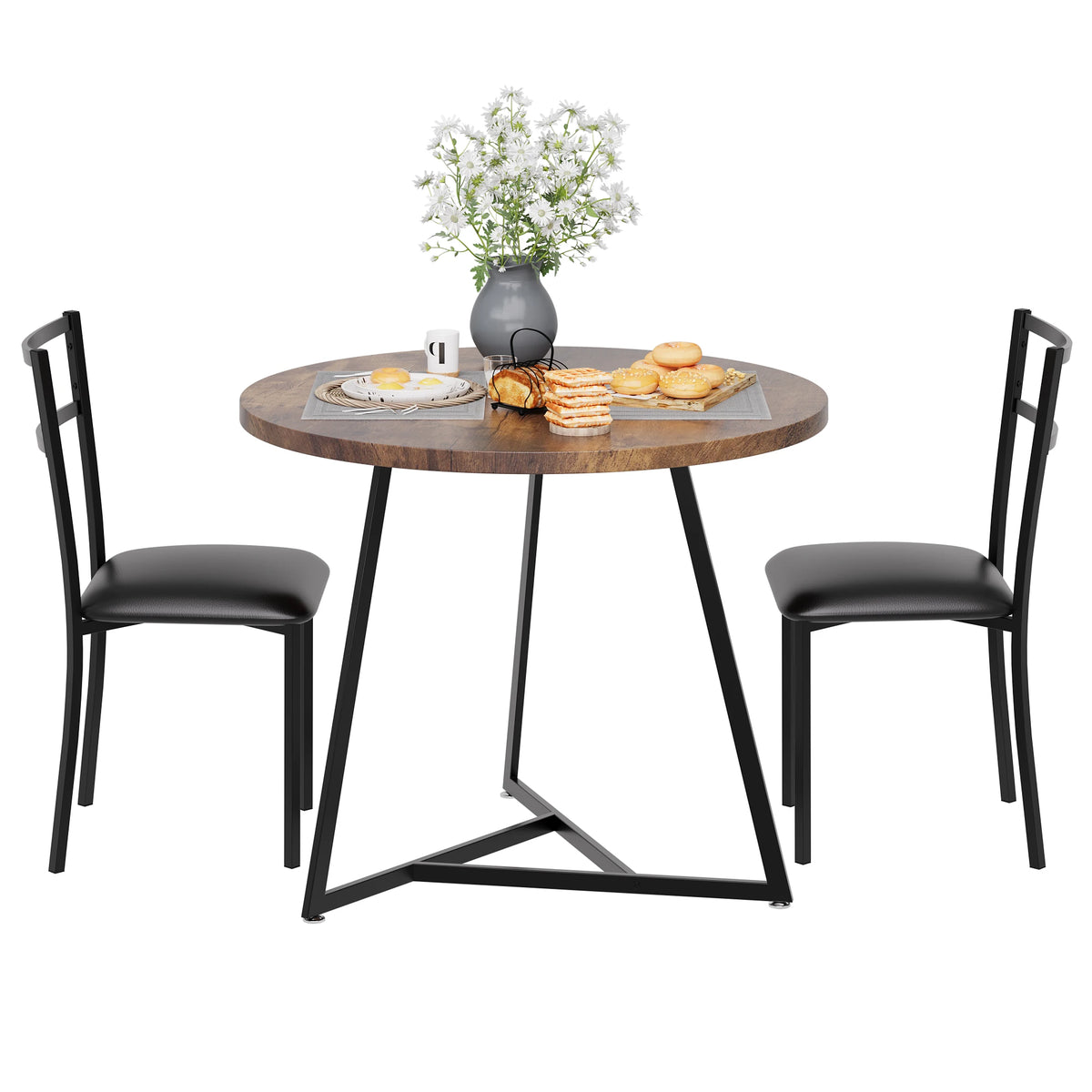 Dining Table Set for 2, Round Kitchen Table and PU Padded Chairs, 3 Piece Dining Room Table Set,Coffee Table and Chair Round Office Conference Reception Coffee Table for Kitchen