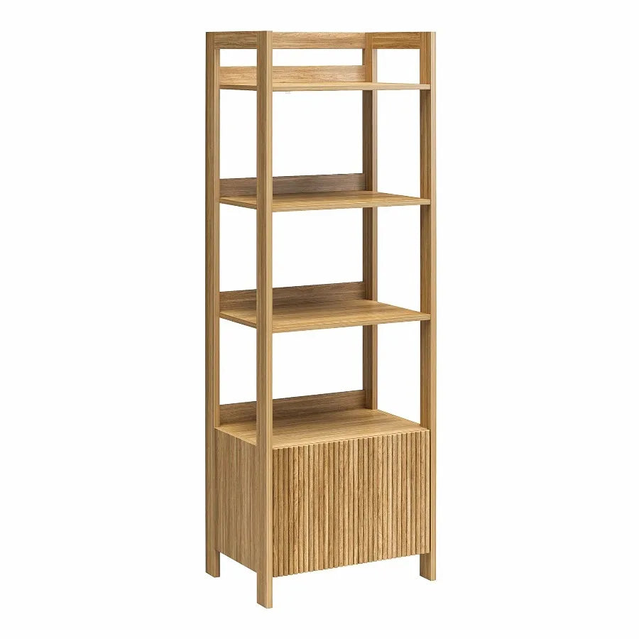 Mainstays Natural Teak Reeded 4‑Shelf Bookcase with Drawer Wooden Display Storage Bookshelf for Living Room Home Office