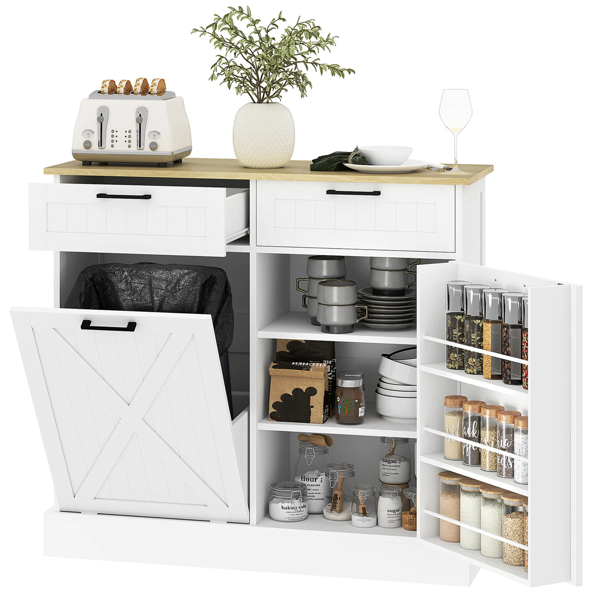 HOMCOM Tilt Out Trash Can Cabinet, 10 Gallon Farmhouse Kitchen Cabinet with Hidden Trash Can and 2 Drawers for Laundry Room, Pantry, Kitchen, White