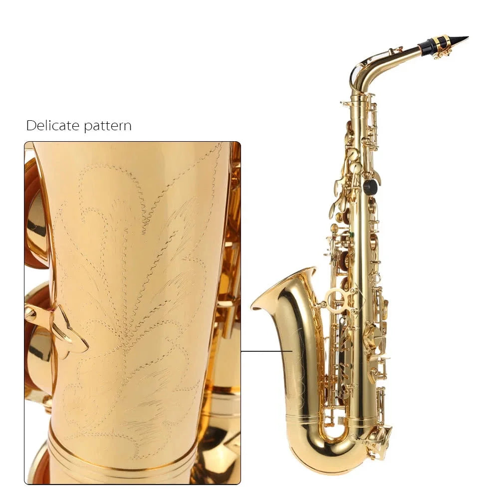 US Eb Alto Saxophone Brass Lacquered Gold E Flat Sax 802 Key Type Woodwind Instrument Cleaning Brush Cloth Gloves Strap Padded