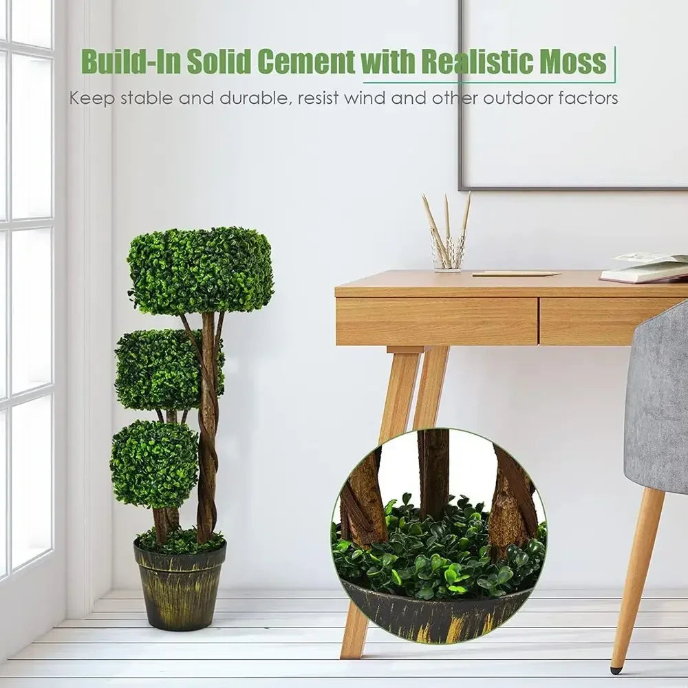 Pair of 36 Artificial Square Boxwood Topiary Trees with Cement-Filled Plastic Pots for Indoor and Outdoor Greenery Decor