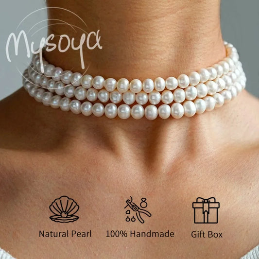MYSOYA Classic White Freshwater Pearl Three-layer Necklace 6-7mm With Gift Box Birthday/ Wedding Gift For Her Christmas/New Year