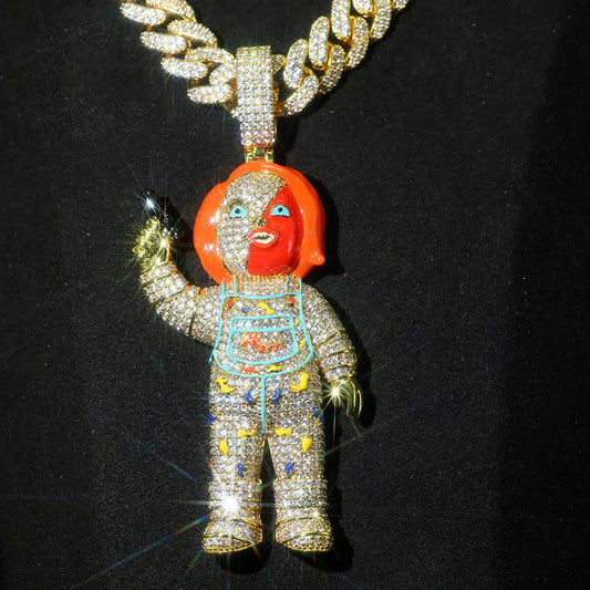 Popular Men's Large-Sized Shiny Horror doll Pendant with Zircon Enamel colorful Details Fashion Jewelry Halloween Gift Birthday
