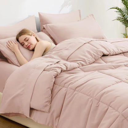 King Size Comforter Set Blush Pink 7 Pieces King Bed in a Bag All Season Bedding with 1 Comforter 1 Flat Sheet 1 Fitted Sheet 2