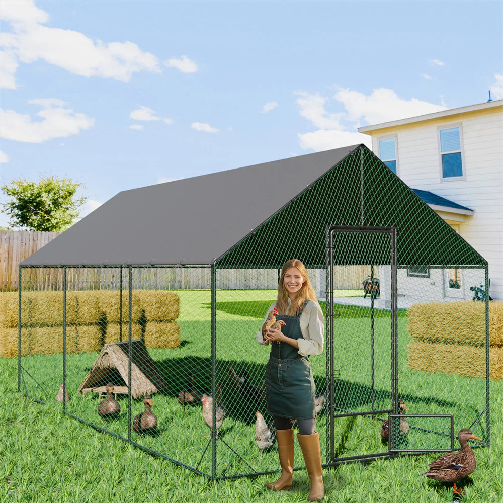 Heavy Duty Upgrade Outdoor Chicken Coop Large Metal Chicken Run Walkin Poultry Habitat Chicken Poultry Cage w/ Waterproof Cover