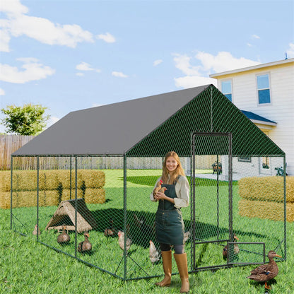 Heavy Duty Upgrade Outdoor Chicken Coop Large Metal Chicken Run Walkin Poultry Habitat Chicken Poultry Cage w/ Waterproof Cover