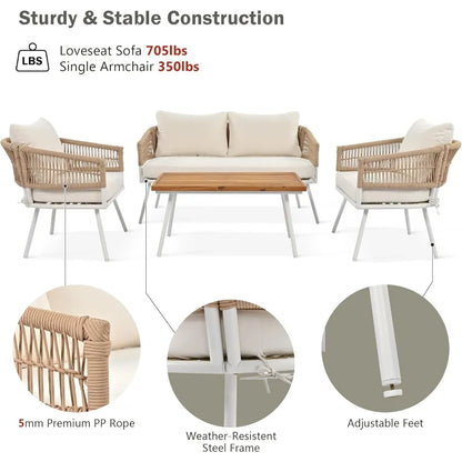 4Piece Boho Rope Outdoor Patio Furniture Set with Acacia Wood Table for Backyard Porch Balcony Beige Stylish and Durable Rattan