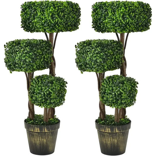 Pair of 36 Artificial Square Boxwood Topiary Trees with Cement-Filled Plastic Pots for Indoor and Outdoor Greenery Decor