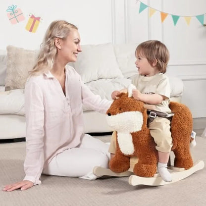 Baby Rocking Horse, Brownish Red Fox Rocking Horse with Seat Belt, Plush Animal Rocker for Kids, Stuffed Rocker Toy for Children