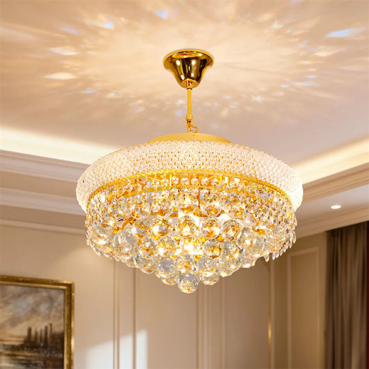 Gold Crystal Chandelier Luxury Round Pendant Light with Adjustable Chain 3 Color Modes for Dining Living Room Entryway