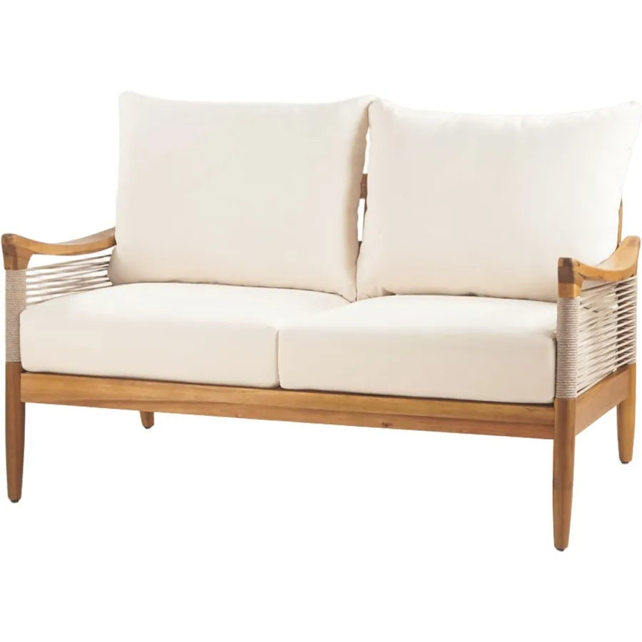 2 Pieces Outdoor Patio Furniture Set with Woven Rope Design Thick Cushioned Loveseat and Acacia Wood Coffee Table for Backyard