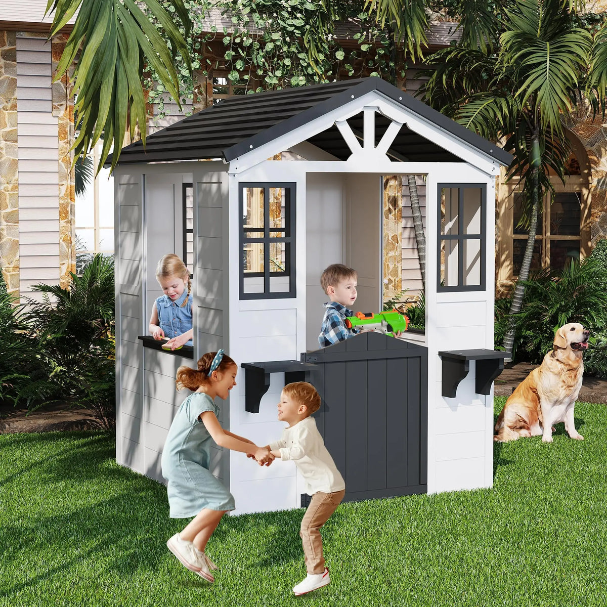 Wooden Kids Playhouse Outdoor Cottage With Pretend Kitchen, Door, Windows & Flower Boxes, Fir Wood Backyard Playhouse Ages 3-12
