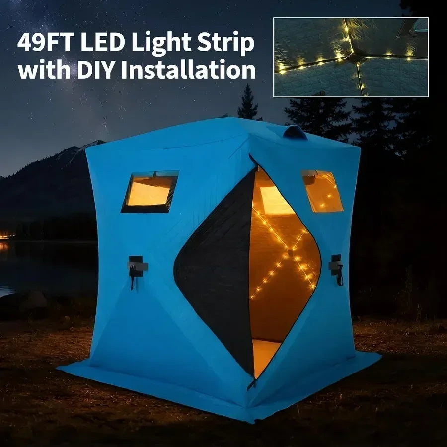 Ice Fishing Tent for 2-3 Person, 210D Insulated Pop-Up Shelter with LED Light Strip