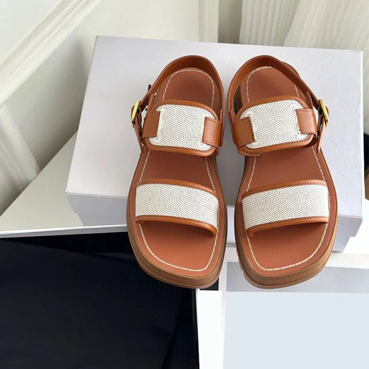23SS Top Quality Brown Casual Gladiator Platform Heel Sandals Dress Shoes Real Leather Ankle Strap Buckle Luxury Designer Flat