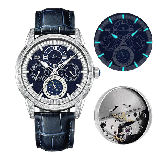 BAOFEILUN Multifunctional Mechanical Watch, Annual Calendar, Moon Phase, Day & Week Display, Sapphire Crystal