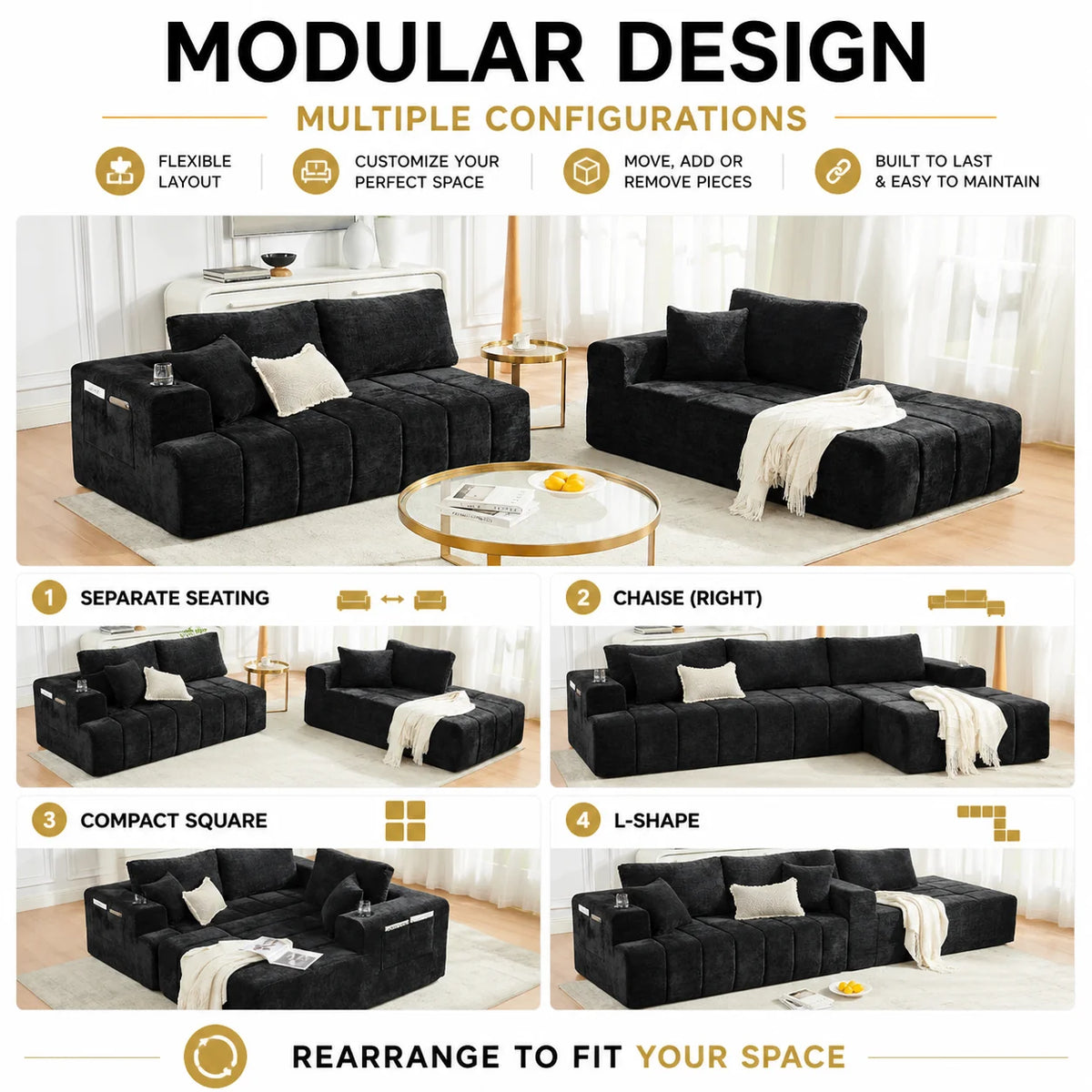 108 Inch L Shaped Boneless Sectional Sofa with Chaise Lounge Cup Holders and Side Storage Pockets Chenille Sofa for Apartment and Home
