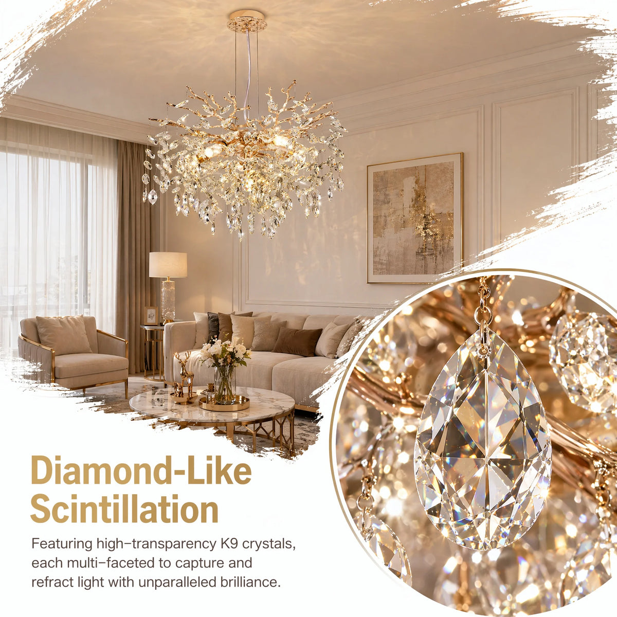 ARLGSITE Gold Crystal Tree Chandelier 24 in Modern Luxury 6-Light Pendant Kitchen Fixture