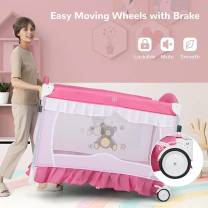 4-in-1 Portable Baby Playard with Canopy, Changing Table, Bassinet & Toys for Newborns to Toddlers in Hot Pink