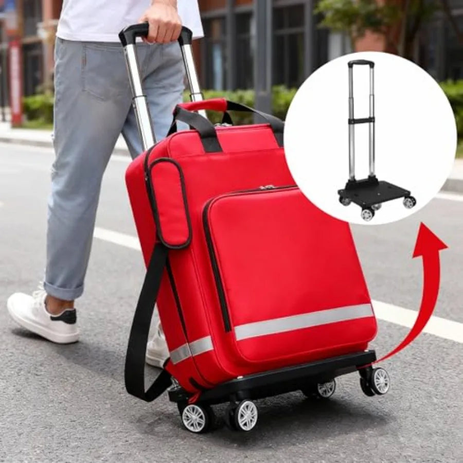 Rolling Medical Bag with Wheels - Large Empty First Aid Kit on Detachable Trolley Portable Nurse Doctor Bag with Removable Divi