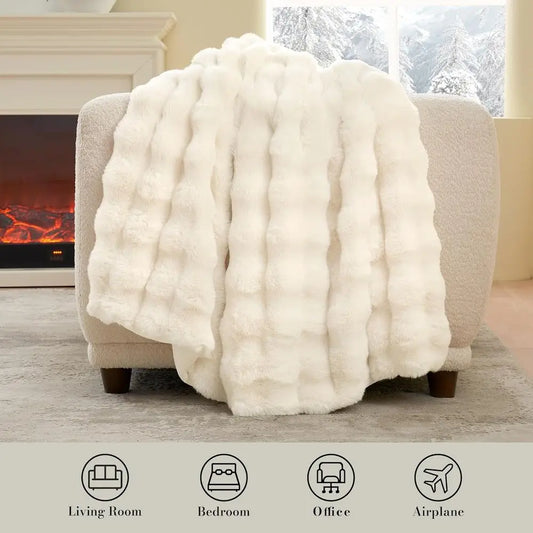 Faux Fur Throw Blanket for Bed, Ultra Soft Fuzzy Plush Bubble Blanket for Bedroom & Bed Decor, 90x90, Cream White