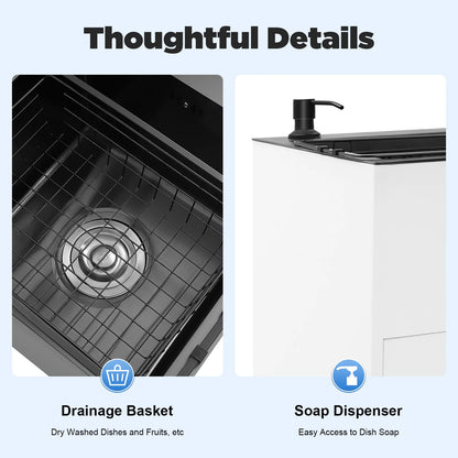Pull Out Faucet Kitchen Sink, 30" Freestanding Stainless Steel Double Basin with Cabinet, Soap Dispenser & Drain Basket, for Ho