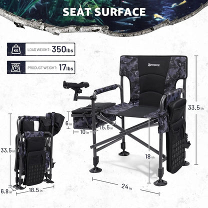 Heated Folding Fishing Chair with Rod Holder, Cooler Bag, Adjustable Feet for Outdoor Camping and Ice Fishing - 350LBS Capacity