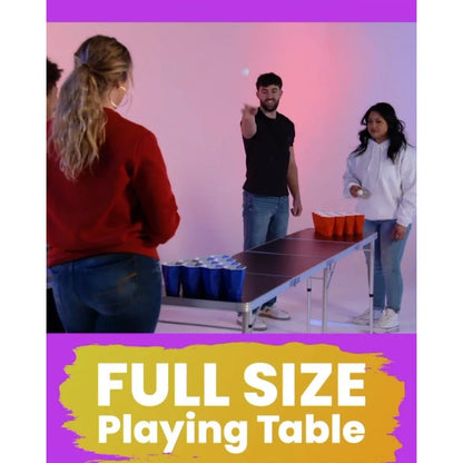 8Foot Folding Portable Pong Table with Optional Cup Holes and LED Lights for Indoor Outdoor Recreation Ideal for Home Game Room