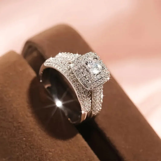 Luxury 925 Sterling Silver Inlaid Moissanite Two-Piece Ring Set, charming Princess Cut Romantic Wedding Ring, Super Shiny Jewelry Engagement Gift for Anniversary Parties, Daily Wear