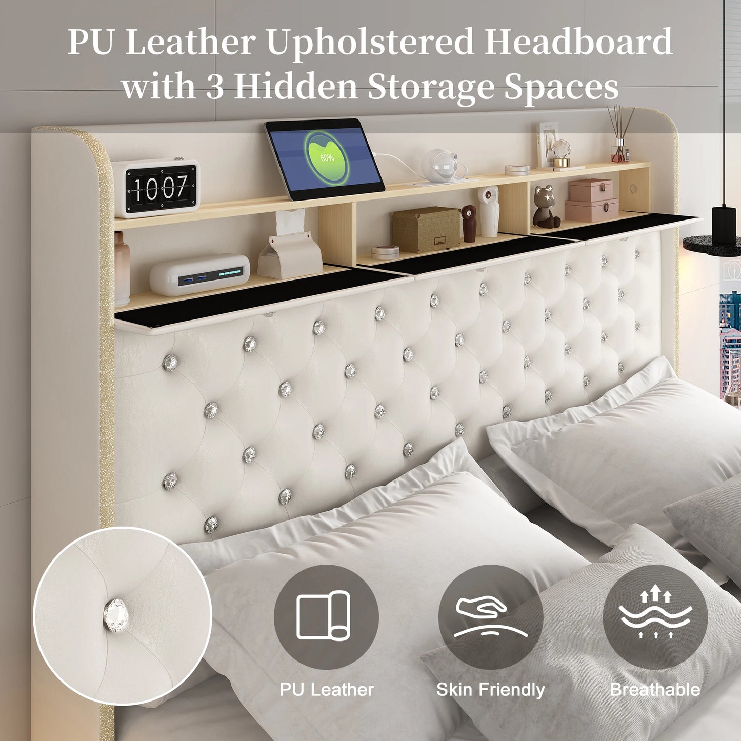LED Bed Frame with Galaxy Star Projector, 2 Drawers, 52" PU Headboard with Charging Station, Noise Free, No Box Spring