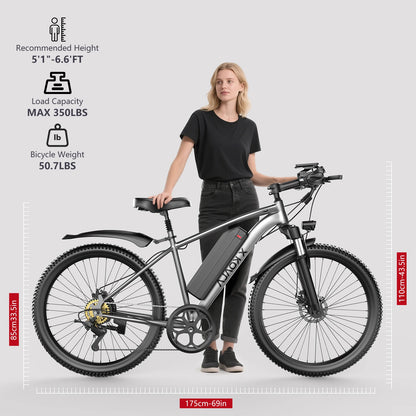 26 inch electric mountain bike, 10.4AAh/13Ah detachable battery, SHIMANO 7speed, peak 1000W brushless silent motor, 25MPH,E-bike