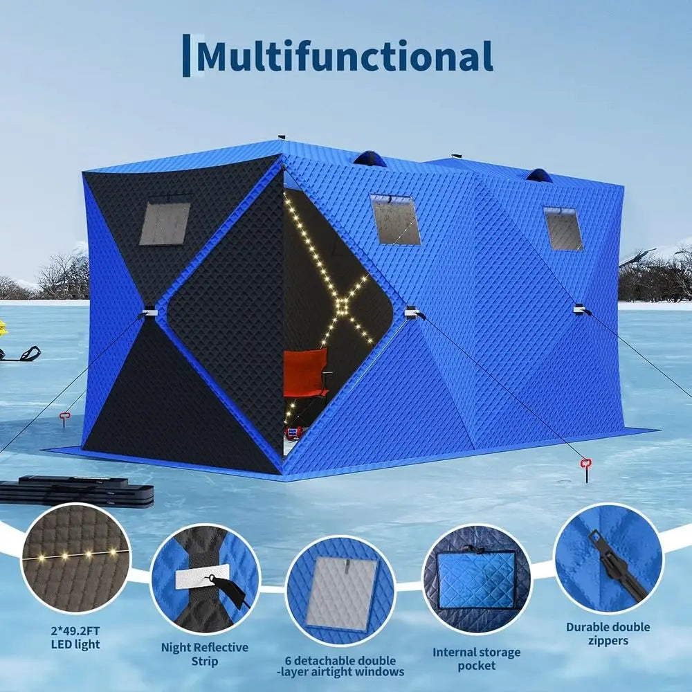 4-8 Person Insulated Ice Fishing Tent with 49ft LED Light, Waterproof, Portable, 3-Layer Shelter, 2 Doors, Anchors, Ropes, and C