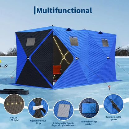 4-8 Person Insulated Ice Fishing Tent with 49ft LED Light, Waterproof, Portable, 3-Layer Shelter, 2 Doors, Anchors, Ropes, and C