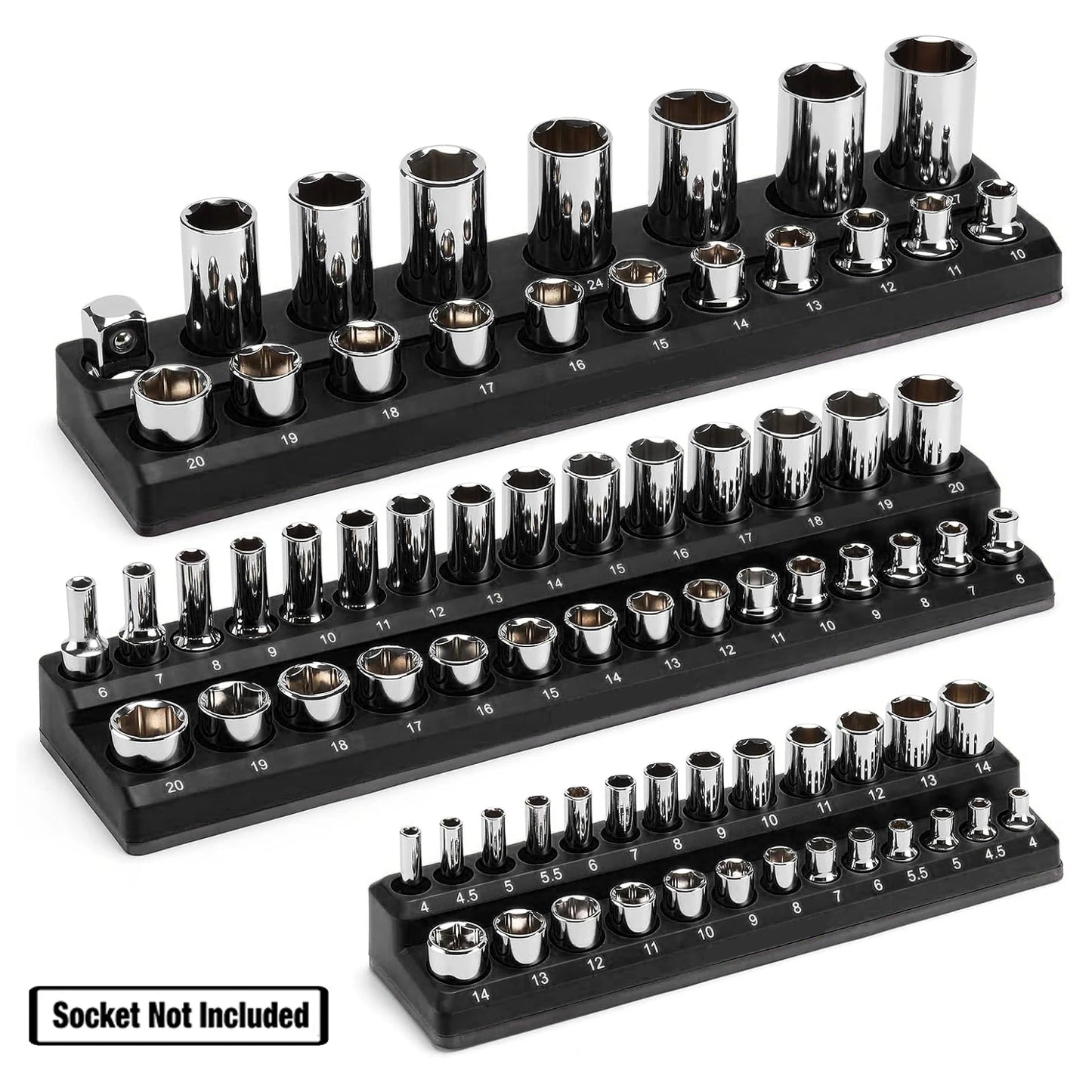75 Slots Magnetic Socket Organizer Tray Set 3Pcs 1/4" 3/8" & 1/2" Inch Drive Metric Socket Holder Storage Organiser Black Color