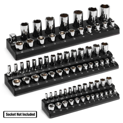 75 Slots Magnetic Socket Organizer Tray Set 3Pcs 1/4" 3/8" & 1/2" Inch Drive Metric Socket Holder Storage Organiser Black Color