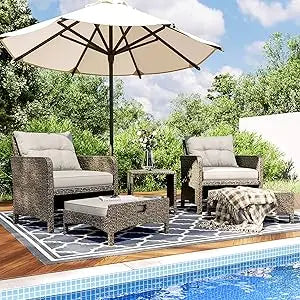 5 Pieces Patio Furniture Set, Rattan Balcony Furniture with Ottomans, PE Wicker Outdoor Patio Chairs Set with Coffee Table for