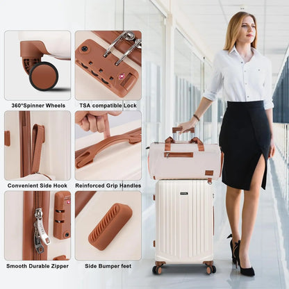 3-Piece Carry-On Luggage Set with Spinner Wheels & TSA Lock, Lightweight ABS+PC Hard Shell (20in, Beige) - 4-Year Warranty