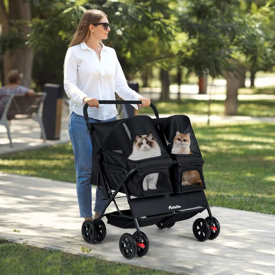 Foldable Double Pet Stroller for 2 Puppies Cats Black 2-Seater Carrier with Adjustable Sunshade Removable Pad Safety Belt Stora