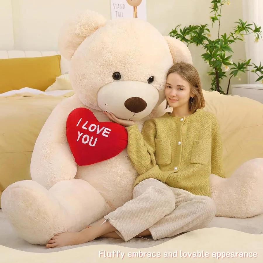 6ft Red Heart Giant Teddy Bear Stuffed Animal with Embroidered I Love You for Girlfriend Christmas Birthday Gift White Huge Val