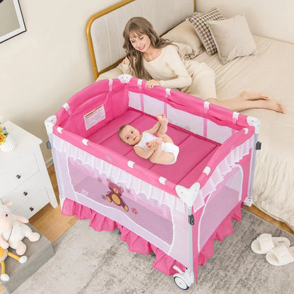 4-in-1 Portable Baby Playard with Canopy, Changing Table, Bassinet & Toys for Newborns to Toddlers in Hot Pink
