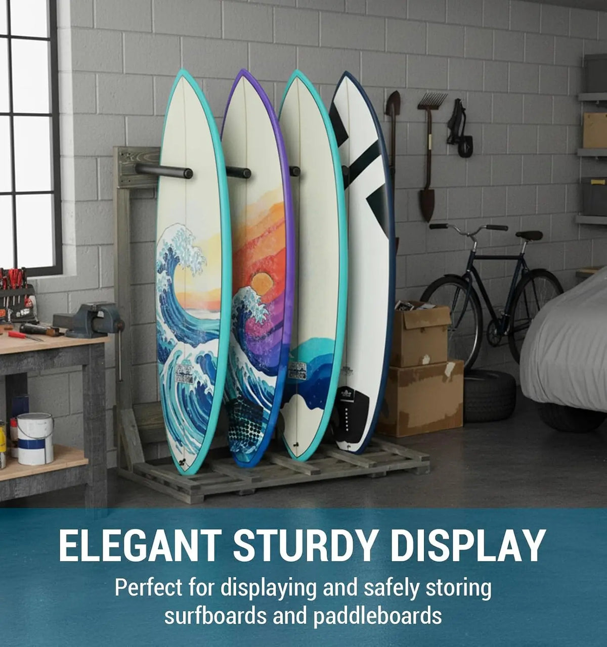 4-Ft Tall Rustic Burnt Wood Freestanding Vertical Surfboard Rack, Wakeboard SUP Paddleboard Storage Organizer - Holds up to 4 Boards