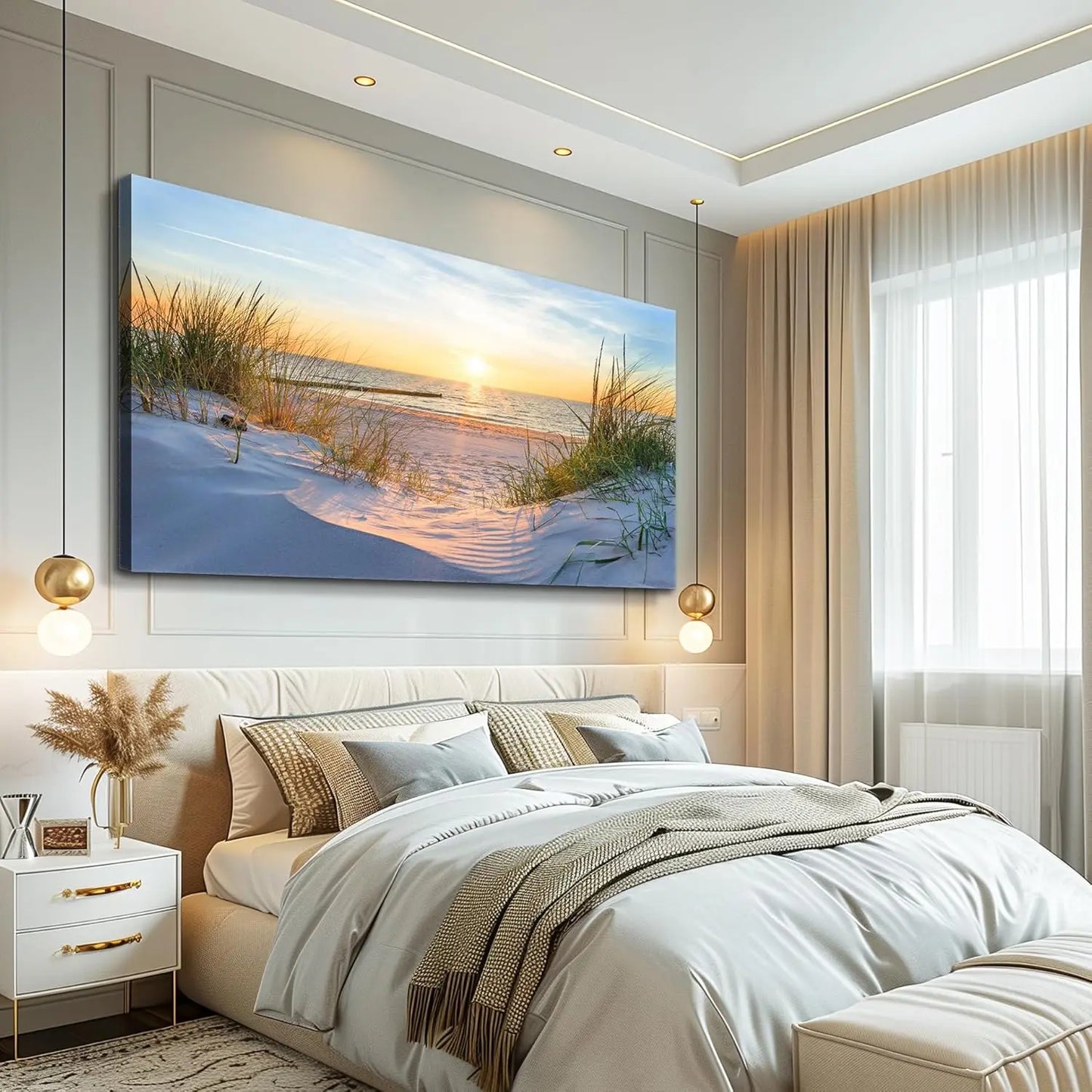 Large Canvas Wall Art for Living Room, Blue Sun Beach Ocean Landscape Painting, Framed Decor