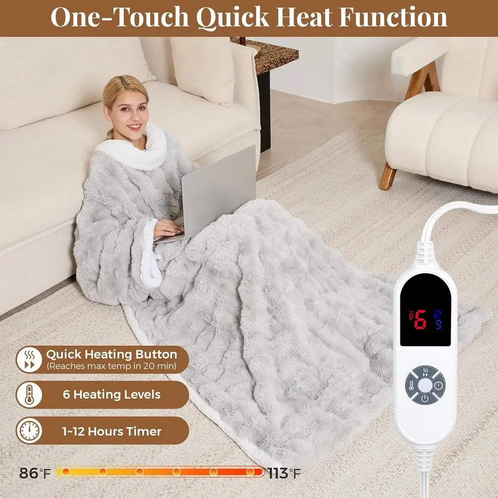 Heated Blanket, Luxury Faux Fur & Sherpa Electric Throw Blanket with Sleeves, Foot Pockets, Heated Robe for Women Men Gift, 3 He