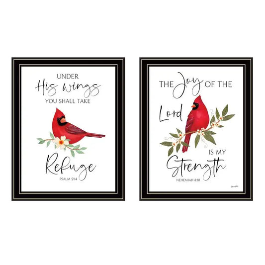 2-Piece Vignette Wall Art - "The Lord is My Strength" with Red Cardinals, Black Frame for Living Room and Bedroom Decor by