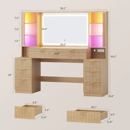 Fluted Wood Makeup Vanity Desk with Mirror and Sound Sync LED Lights, Large Vanity Dressing Table, Drawers, Glass Cabinets