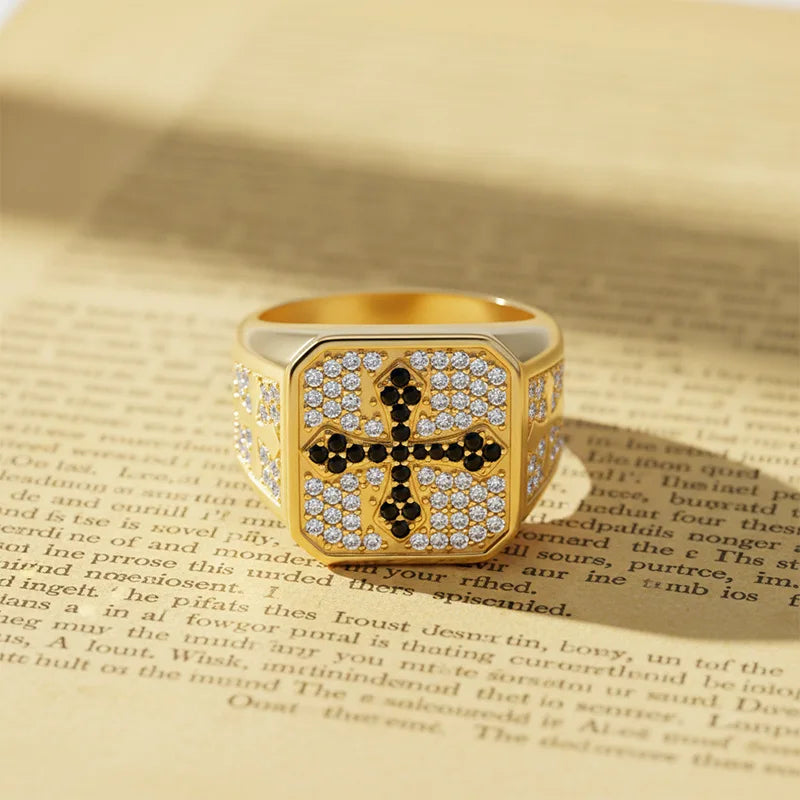 Men's S925 Silver Ring with 2CT D-Color Moissanite & Black Zircon Cross Design 18K Gold Plated Luxury Party Jewelry