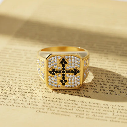 Men's S925 Silver Ring with 2CT D-Color Moissanite & Black Zircon Cross Design 18K Gold Plated Luxury Party Jewelry