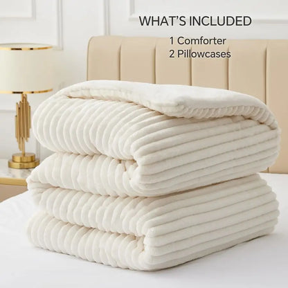 Fleece Queen Comforter Set Super Soft amp Warm Fluffy Cream White Bedding, Luxury Fuzzy Heavy Bed Set for Winter with 2 Pillow C