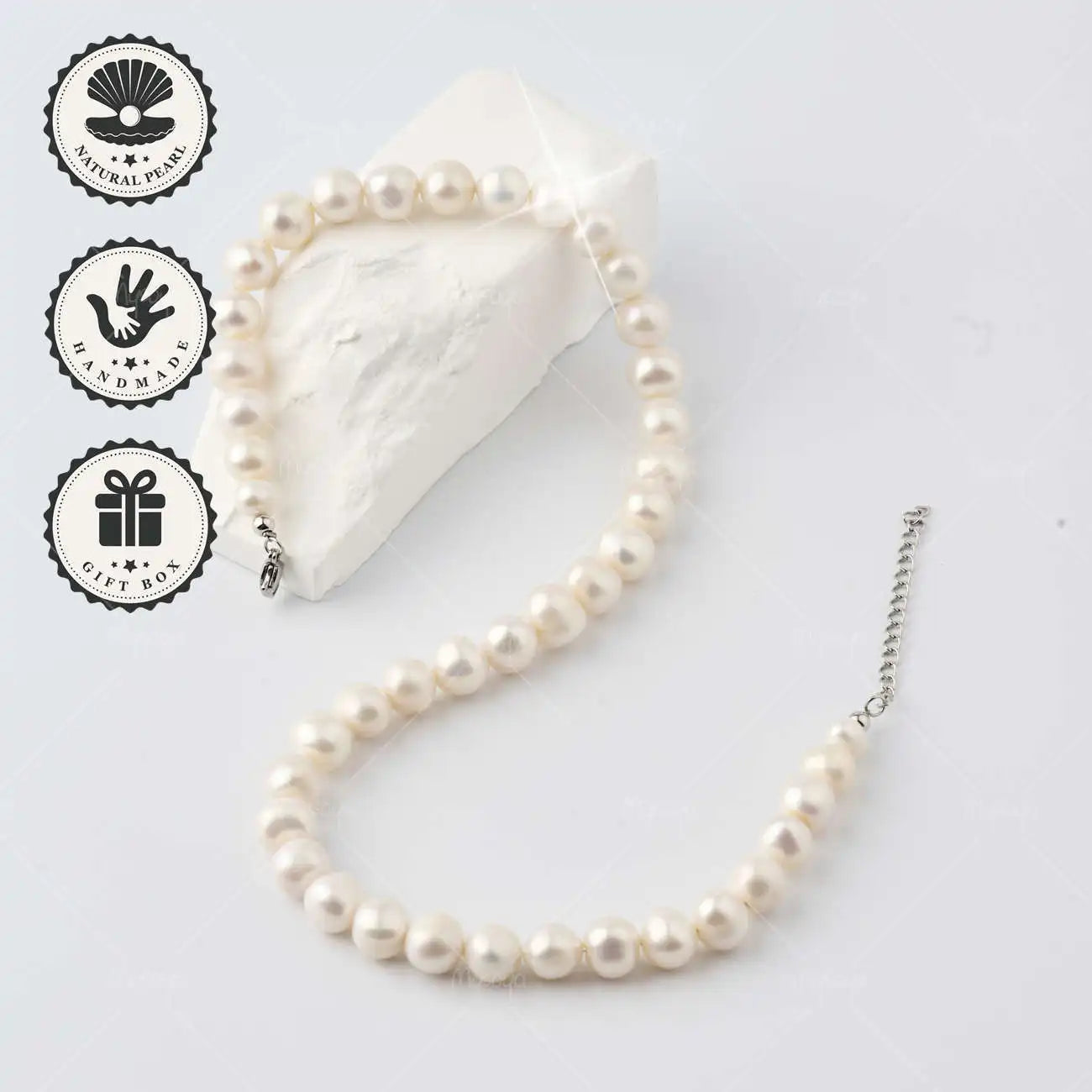 MYSOYA White Freshwater Pearl Necklace 10-11mm with Silver Extender Chain, Gift Box, Birthday & Anniversary Gift